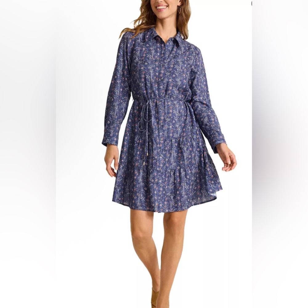 TOMMY BAHAMA Blue Sea Floral Long Sleeve Shirt Dress